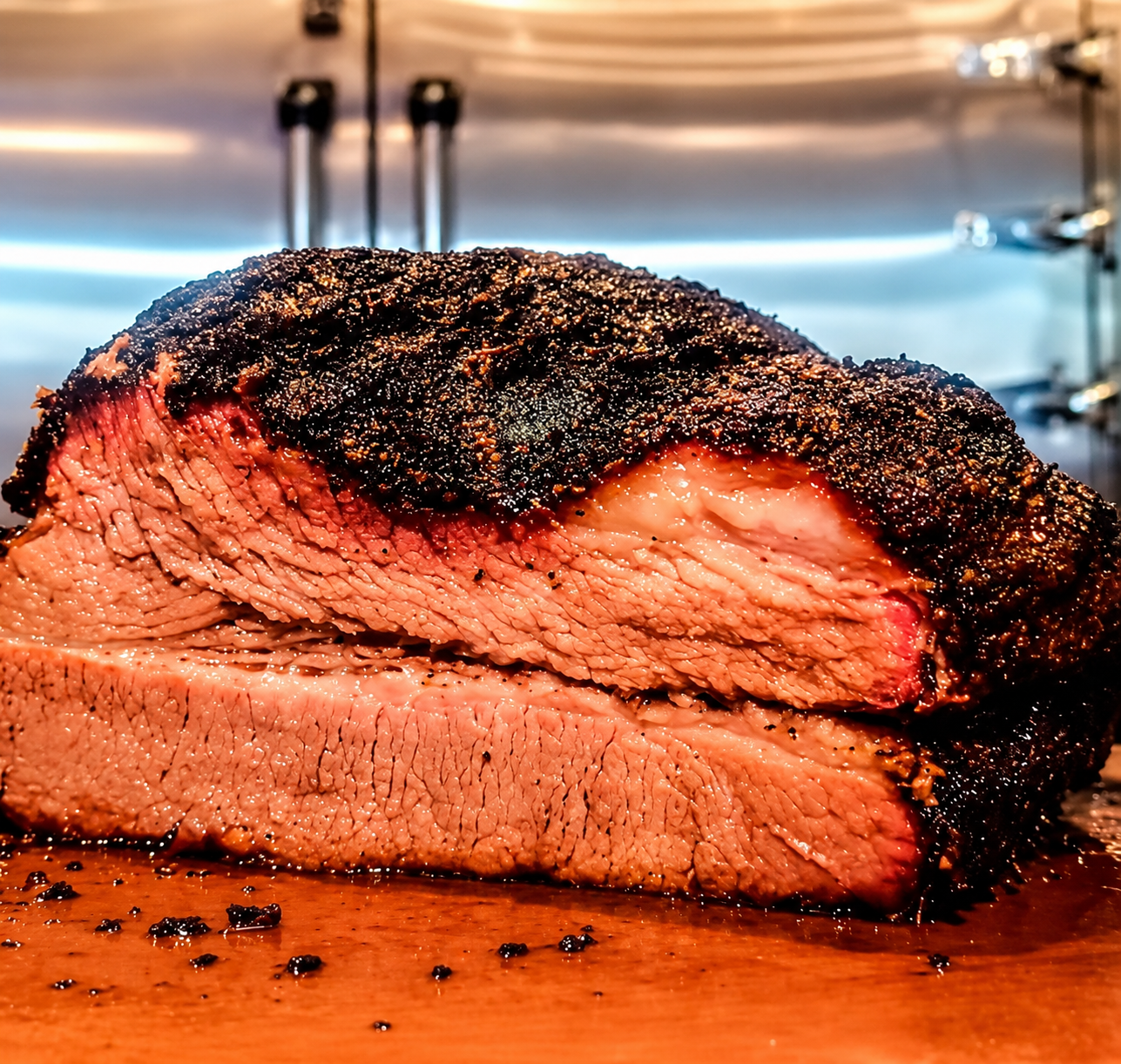 Sliced Southwest Barbecue brisket showing its smoke ring