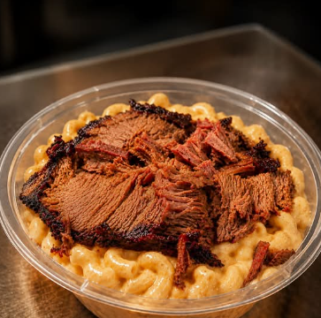 Smoked brisket piled on mac and cheese in a takeaway bowl
