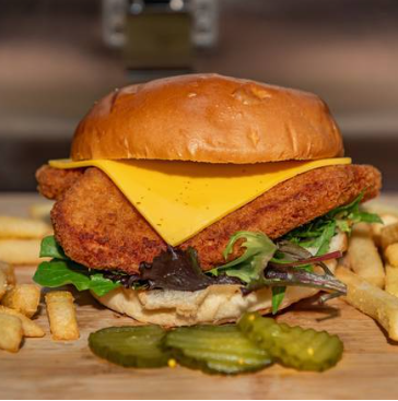Chicken schnitzel burger with cheese and salad, fries and pickles